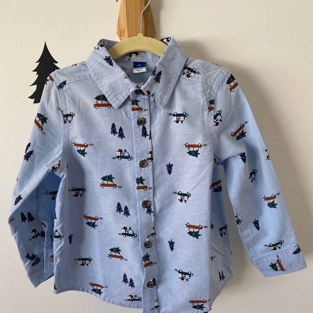 Light Blue Tree Printed Button-Front Oxford Shirt - size 3T